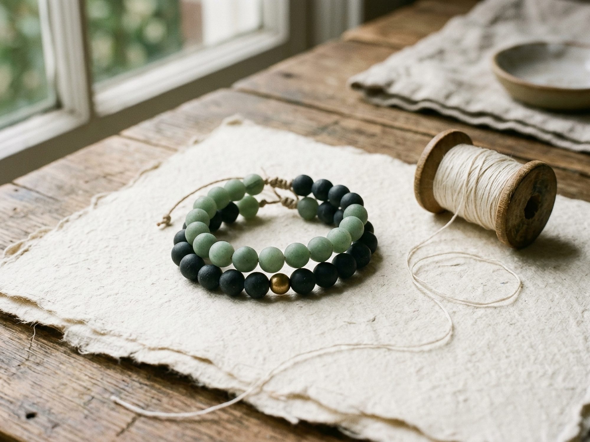 A hand-strung bracelet of green and dark stone beads on handmade paper