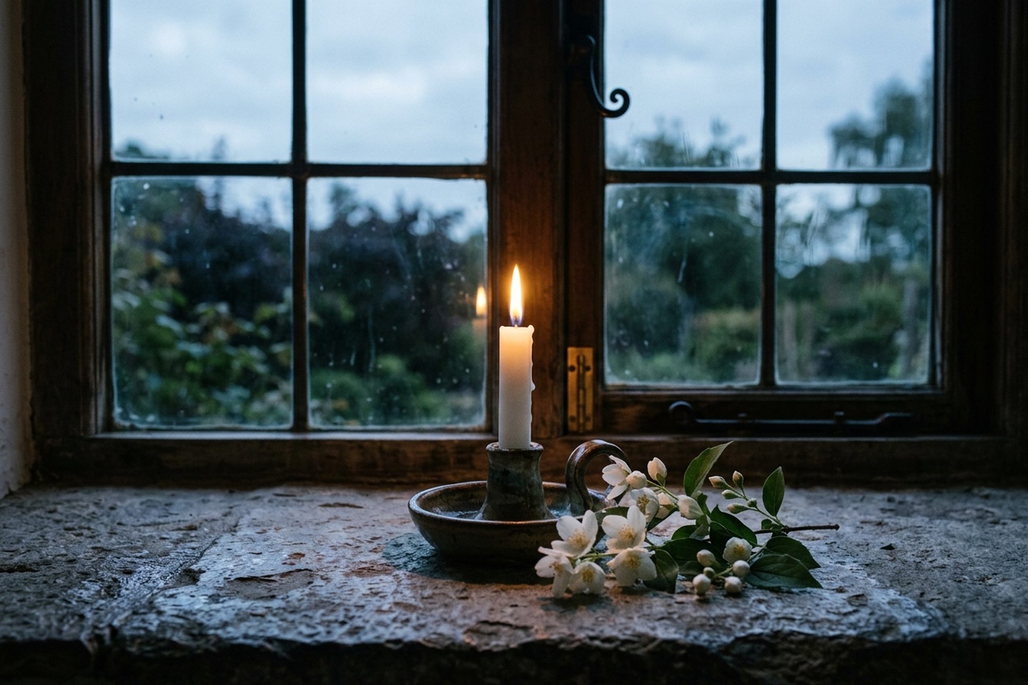 A single candle, newly lit, on a windowsill at first light