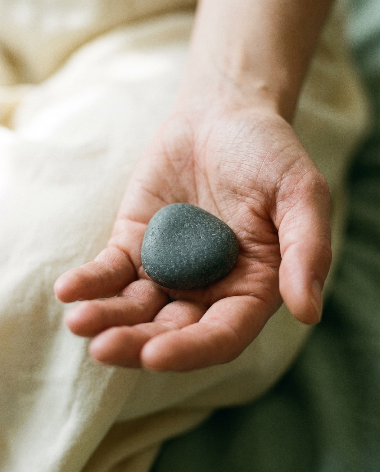 An open palm holding a smooth grey river stone