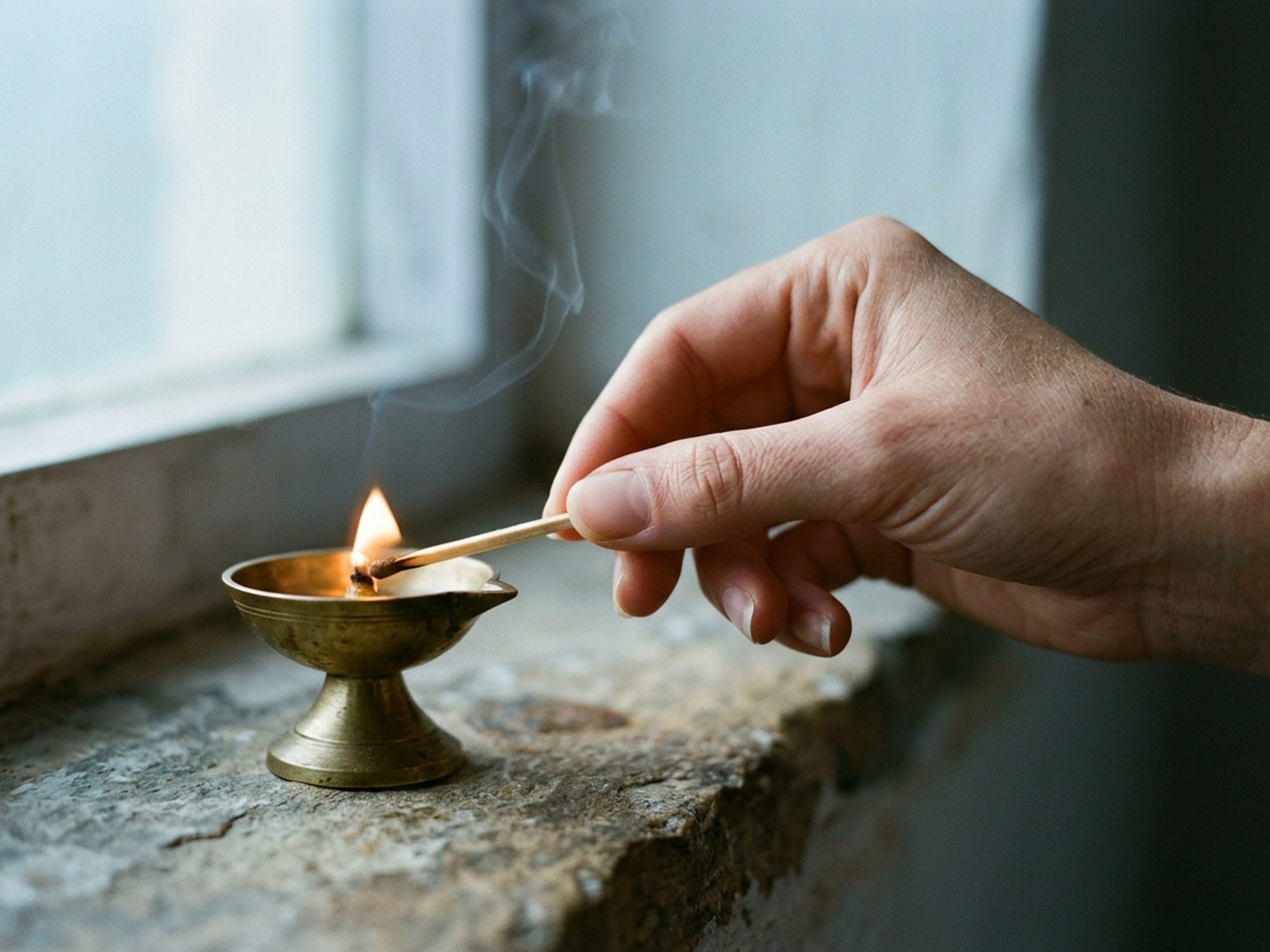 A hand lighting a small brass lamp at dawn