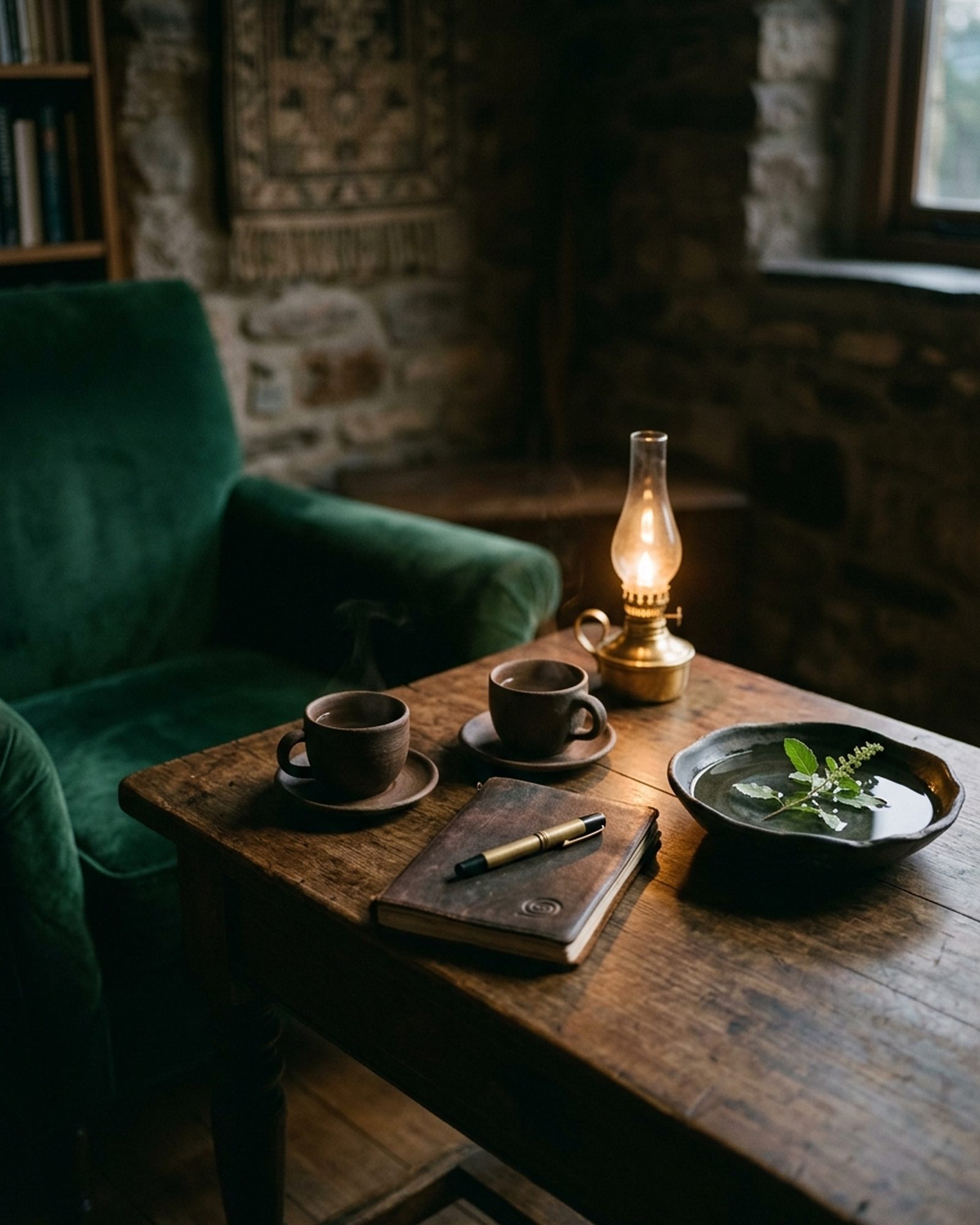 A quiet table set for a sitting, lit by a brass lamp