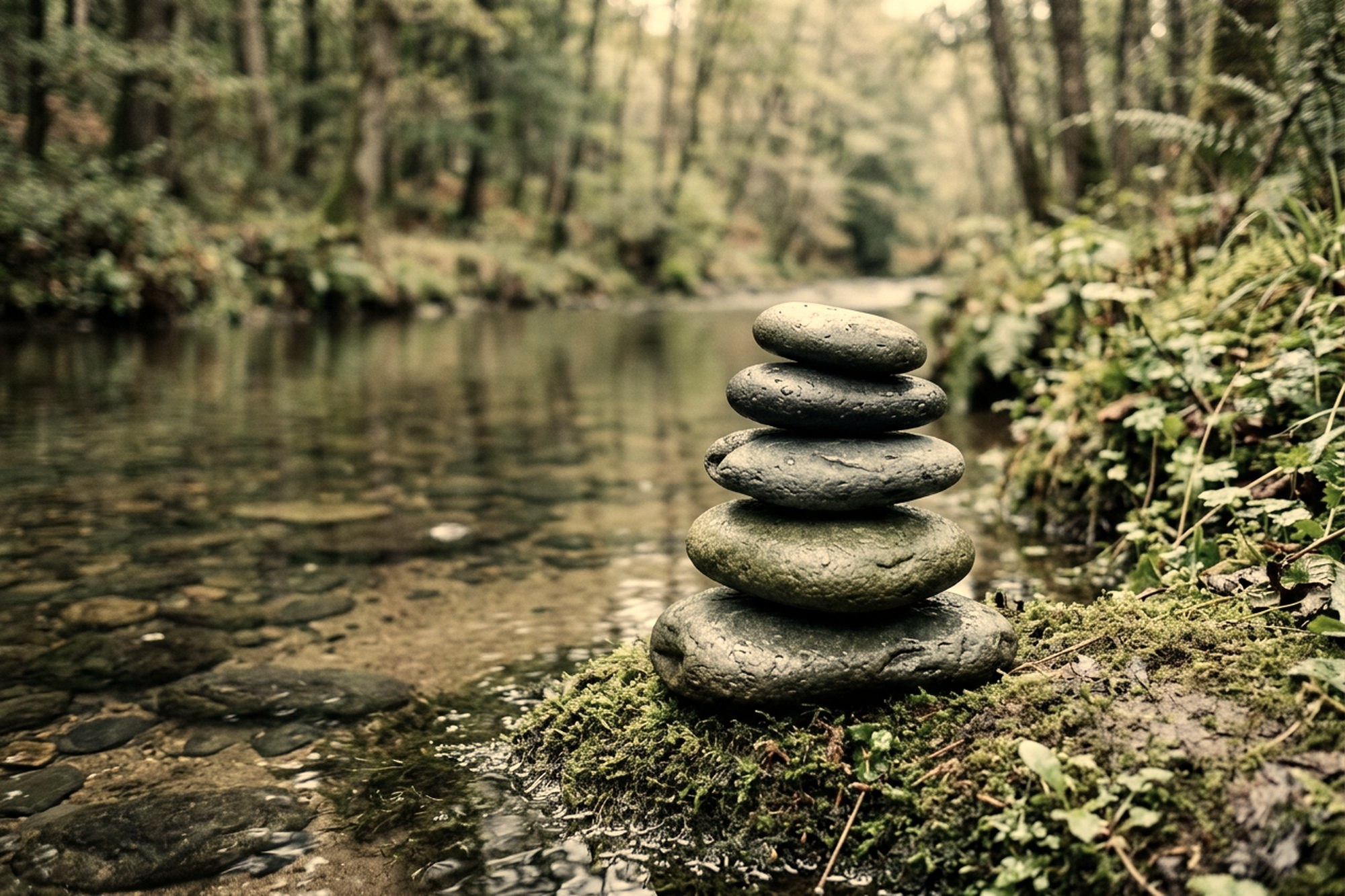 Smooth river stones stacked at the edge of a stream