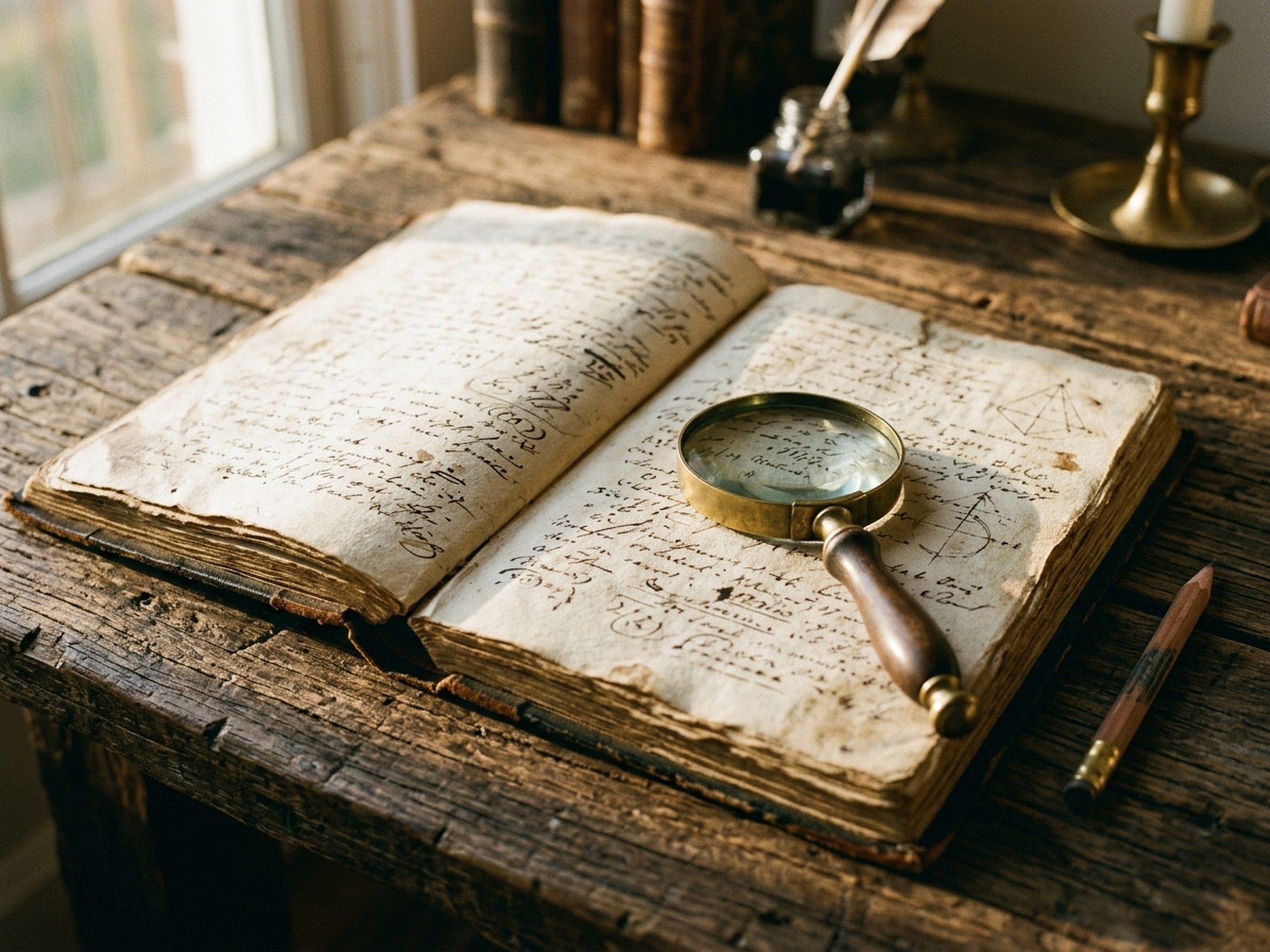 An old hand-bound book of handwritten numbers in afternoon light